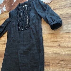 black 3/4 sleeve linen tunic dress Michael Kors beaded embellishments